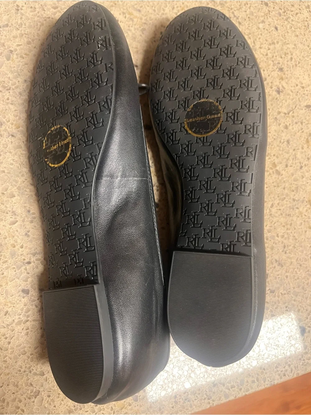 Lauren Ralph Lauren Black Leather Bow Ballet Flats with Gold Accents